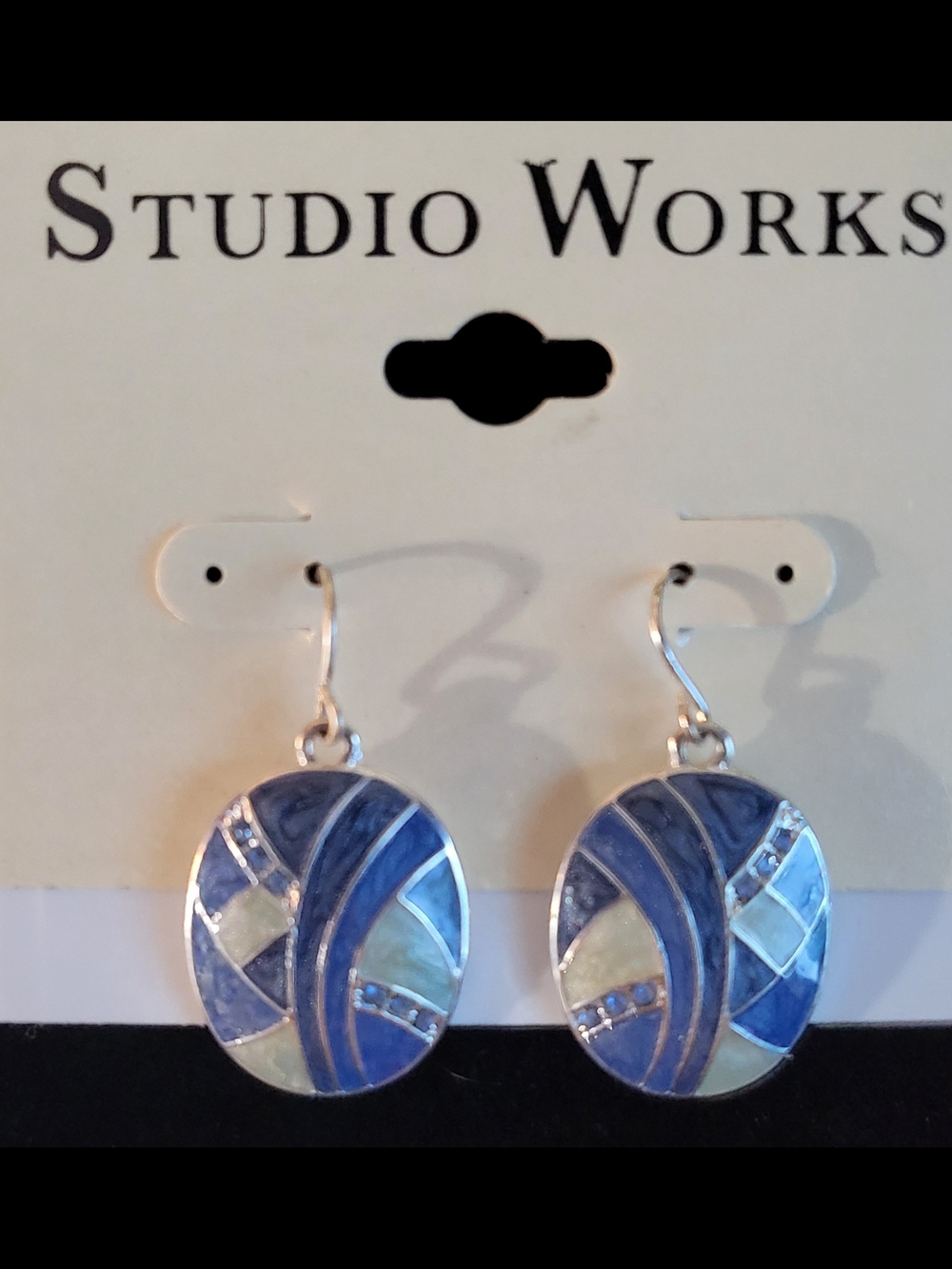 Studio Works Blue and White, Rhinestones Oval Inlay Drop Earrings